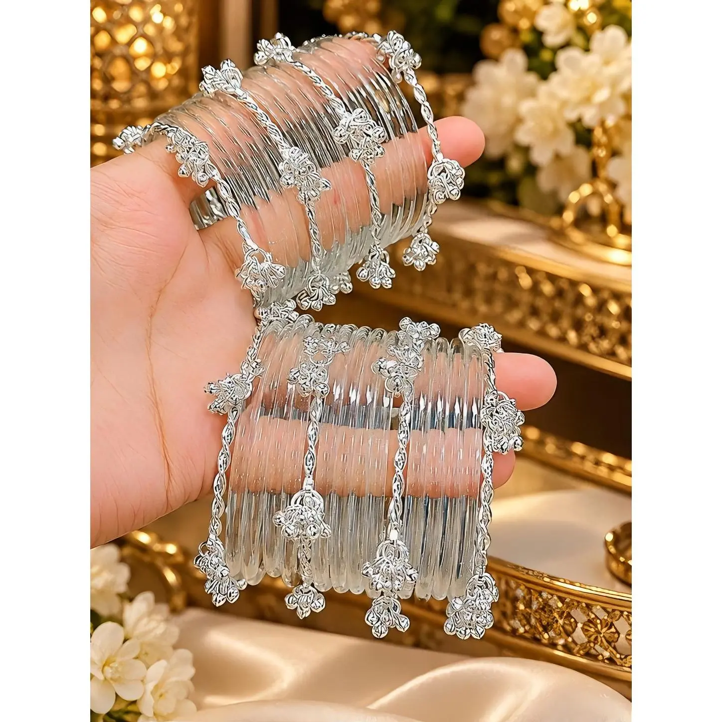 Water Jelly Kashmiri Set - 8 Silver Kashmiri Bangles with 24 Clear Water Jelly Bangles for Elegant Style