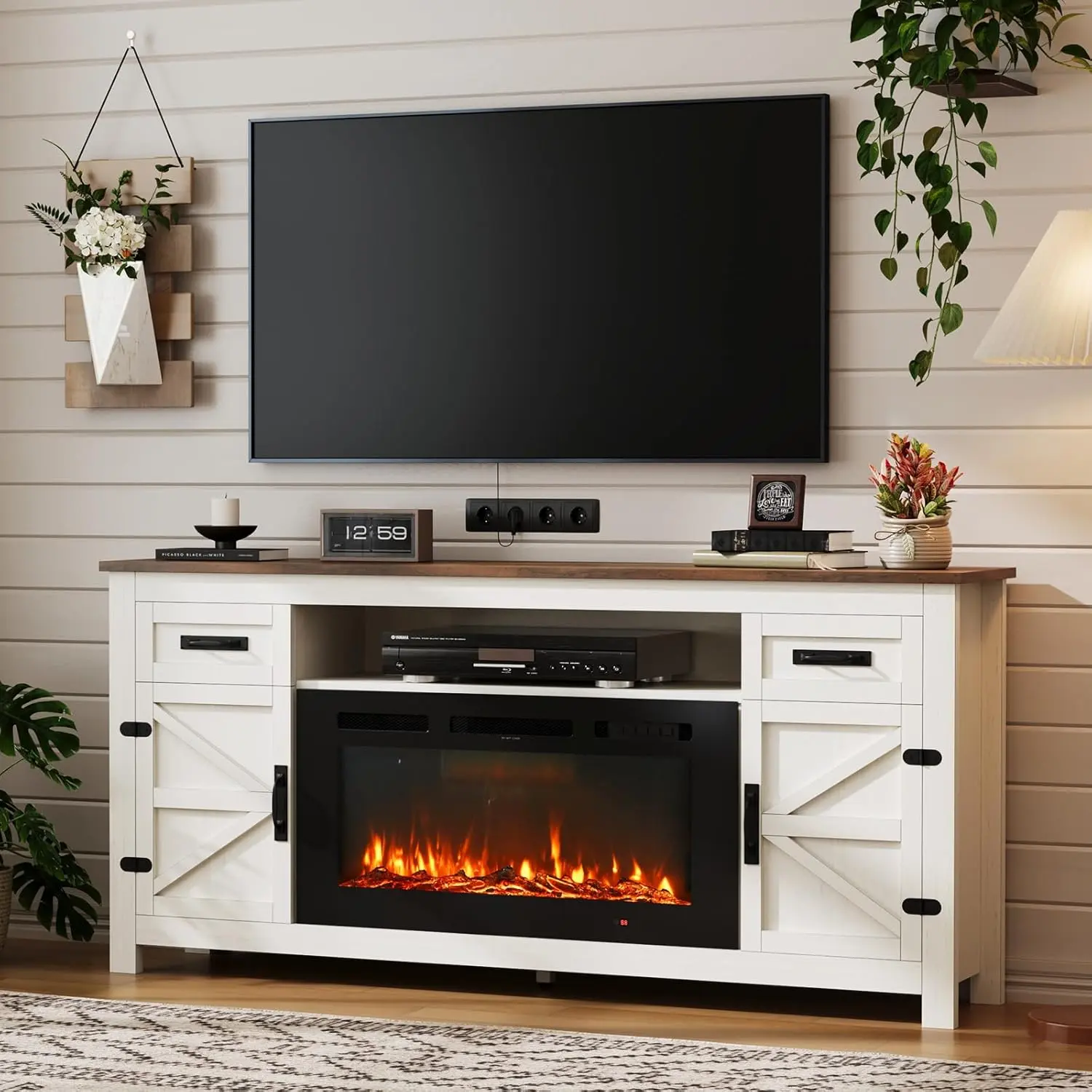 Aoxun 70" Fireplace TV Stand (for TVs up to 80") - Farmhouse Entertainment Center with Barn Doors, Storage Cabinets, White-Black Finish, Fireplace Tv Stands, Entertainment Tv Stand Television Console Table Modern Tv Console