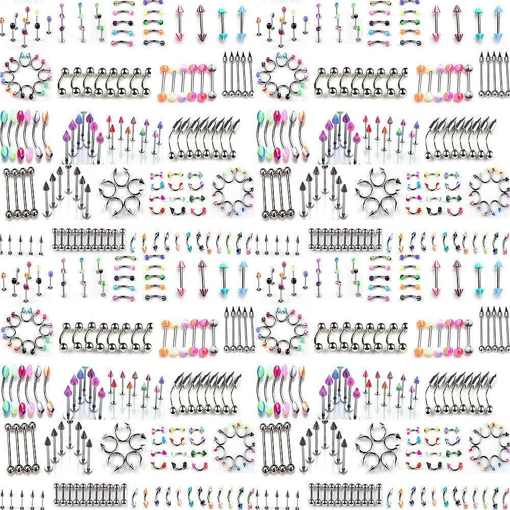 110 PCS Multi-Style Body Jewelry Set - 22 Styles for Eyebrow, Navel, Belly, Tongue, Lip Piercings, Includes Bellybar