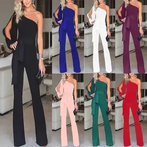 2025 New Women's Off-Shoulder High-Waist Tie Solid Color Slimming Jumpsuit Wedding Guest Outfit