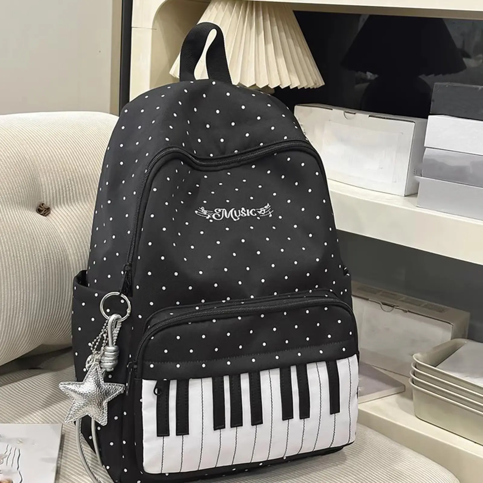Nylon Polka Dot Piano Key Backpack, 16.9 in with Pendant, Teen Girls' Travel Daypack for Camping, Hiking Daily Use
