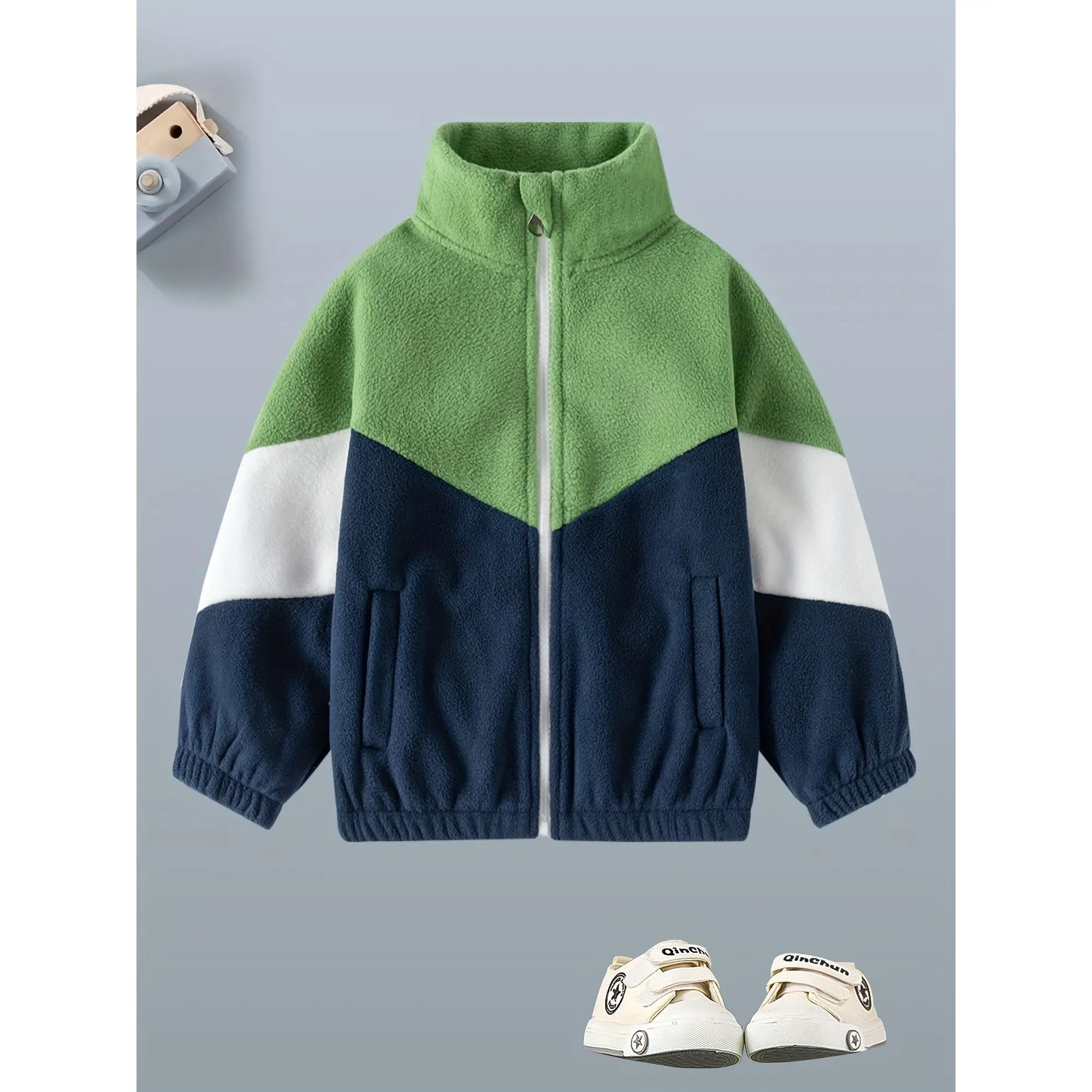 Boy's Color Clash Polar Fleece Jacket, Warm Zip Up Coat, Boy's Clothes for Spring Fall Outdoor, As Christmas Gift