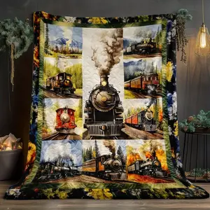 Vintage Steam Train Throw Blanket - Locomotive & Railway Tracks Design with Lush Green Hills & -Timer Train Engines - Soft Flannel  - Nostalgic Railway Enthusiast Gift