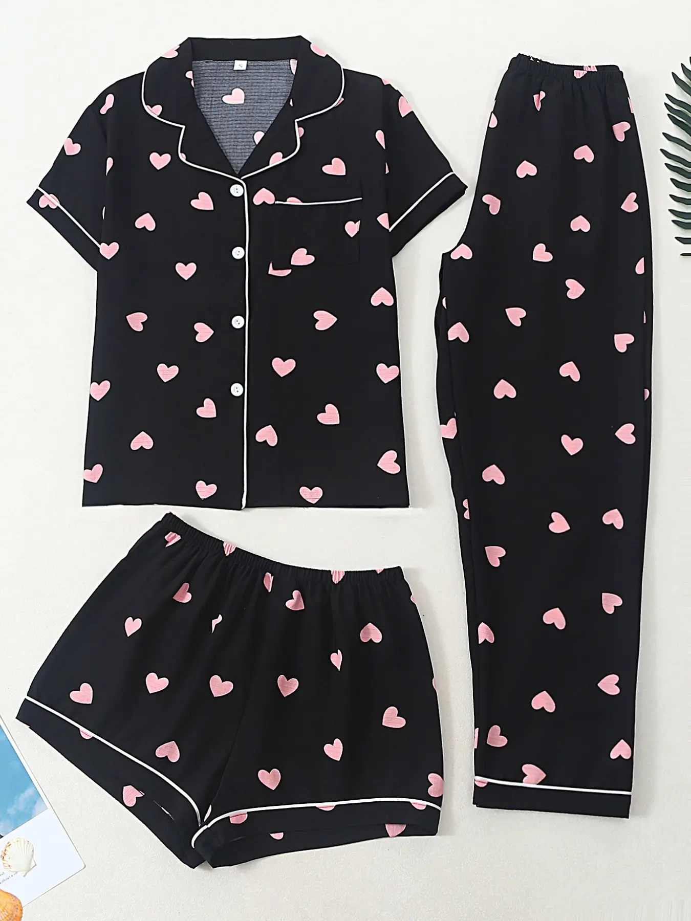 Three-Piece Women's Pajama Set, Short Sleeve Open Front Top + Shorts + Long Pants, Heart All over Print, Casual Fitted Sleepwear