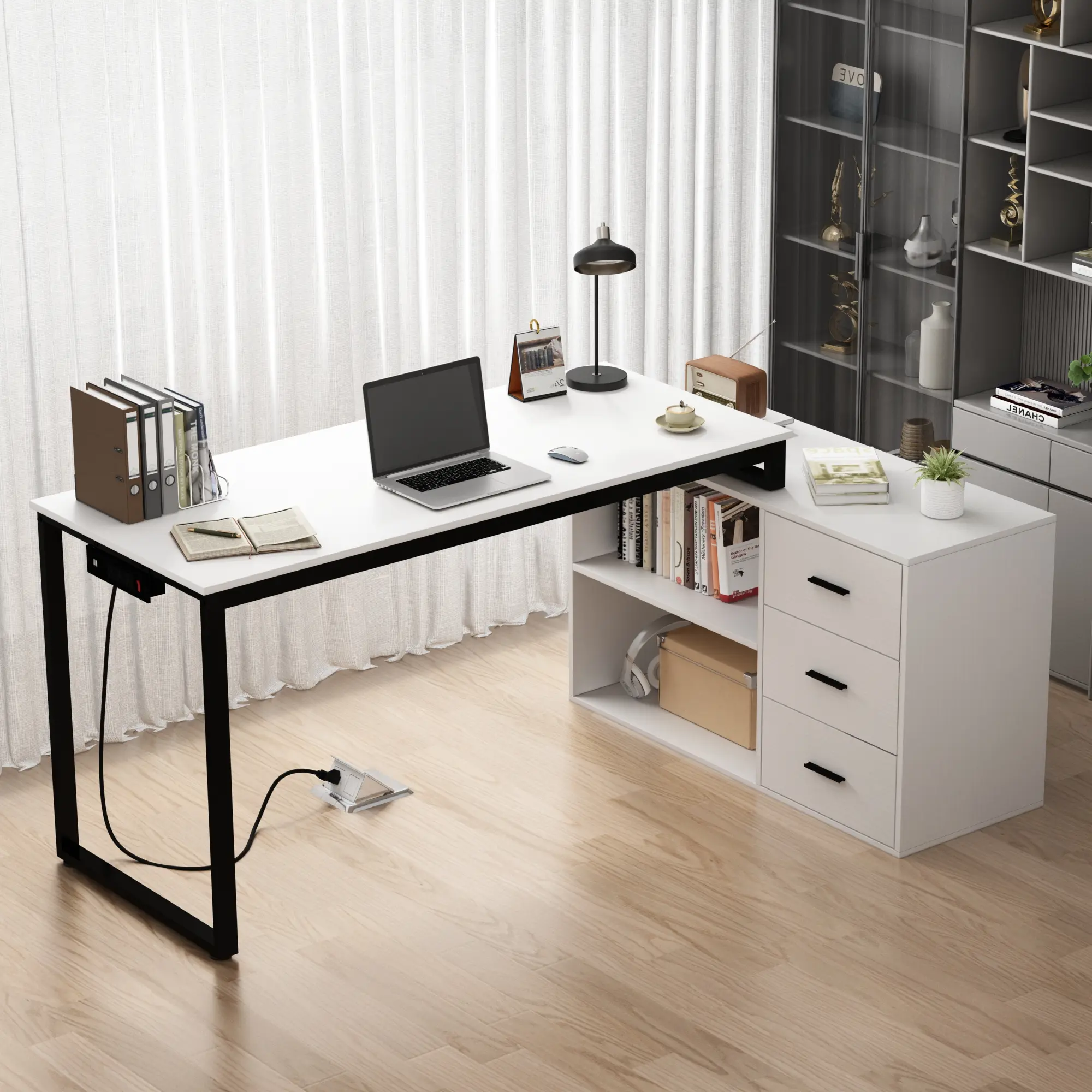 NAIYUFA 55-Inch L-Shaped Sturdy Computer Desk - Metal MDF Office Table with Power Outlet, Drawers, Shelves, Fireproof Waterproof Design for Dual Monitor, Gaming, WFH, Studio, Streamer Setups, Dual Monitor Setup, Gaming Desk Setup