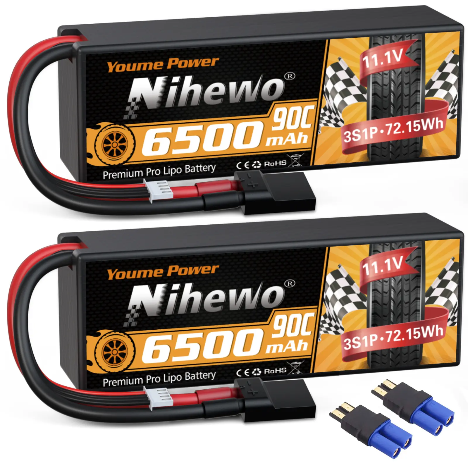Nihewo 2-Pack Unisex RC Li-Polymer Battery - 3S 11.1V 6500mAh 90C High C-Rate Hard Case with TR Connector, Included for 1/8 1/10 RC Vehicles (Granite, Outcast, Rustler, Spartan, Bandit) Trucks, Cars (12+ Compatible)