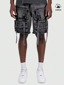 Jeans pants men's street cyberpunk style workwear denim shorts, ribbon placket with raw edge denim mid-length pants, fashionable and comfortable daily wear pants, very suitable for casual occasions.