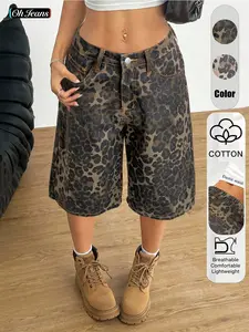 Women's Leopard Print Denim Jean Capri Pants, Casual Streetwear Wide Leg Loose Fit Shorts, Slant Pocket Design, Fashionable Chic Versatile Breathable Summer Wear
