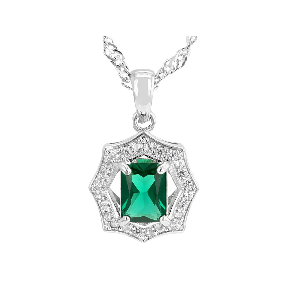 JTV Lab Created Emerald Rhodium Over Brass Pendant with Chain 1.51ctw