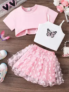 Girls' Summer Fashion Set, Casual Daily Wear, Butterfly Print Design, Comfortable & Stylish for Girls, Perfect for Outdoor Activities