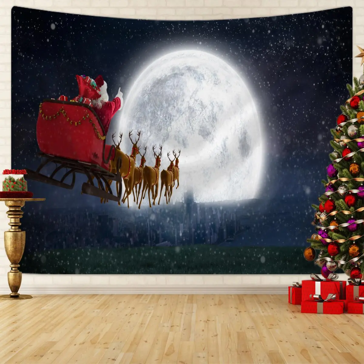 Christmas Themed Tapestry, 1 Count Reindeer & Santa Claus Pattern Hanging Tapestry, Wall Hanging Decor for Home Living Room Bedroom
