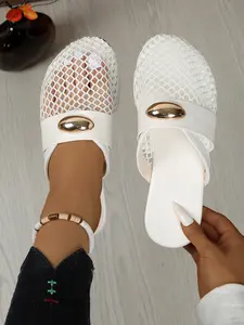 Ladies' summer breathable mesh slippers, comfortable flat toe sandals, fashionable leopard print design, suitable for holiday and daily wear Women