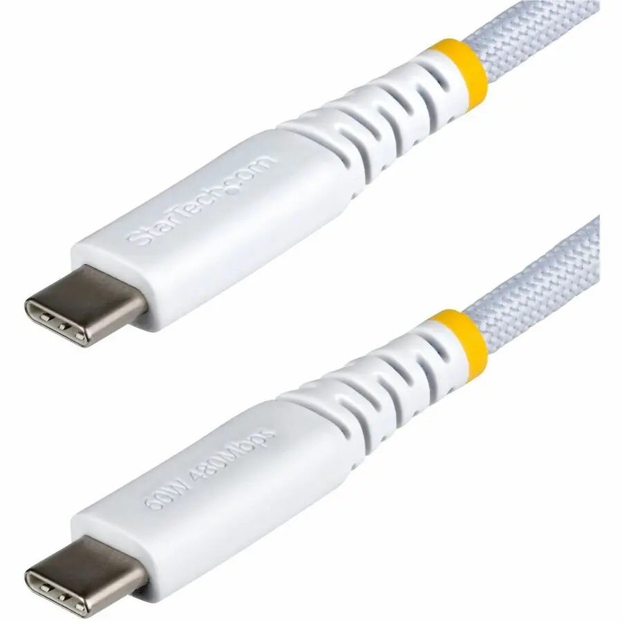 StarTech 6ft 1.8m White USB-C Charging Cable 60W 3A PD Dual-Layer Braided Nylon/TPE Jacket Rugged USB 2.0 Laptop Charger Cord