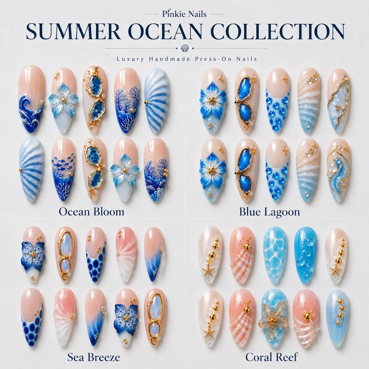 Pinkie Nails | Summer Ocean Collection | Luxury Handmade 3D Press-On Nails | Reusable • Salon-Quality • Long-Lasting