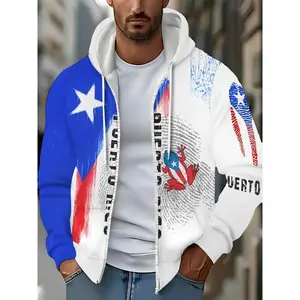 Men's Puerto Rico Flag-Inspired Hoodie - Casual Long Sleeve Zip-Up Sweatshirt with Drawstring & Pockets, Polyester, Perfect for Fall & Winter Outdoor Activities Menswear Pullover