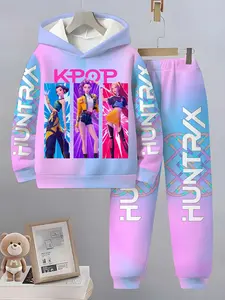 Adorable Girl Kpop Demon Hunters 3D Printed Fitted Hoodie Set, Comfortable Fashion Long Sleeve Pullover, Perfect for Spring Fall Winter Seasons