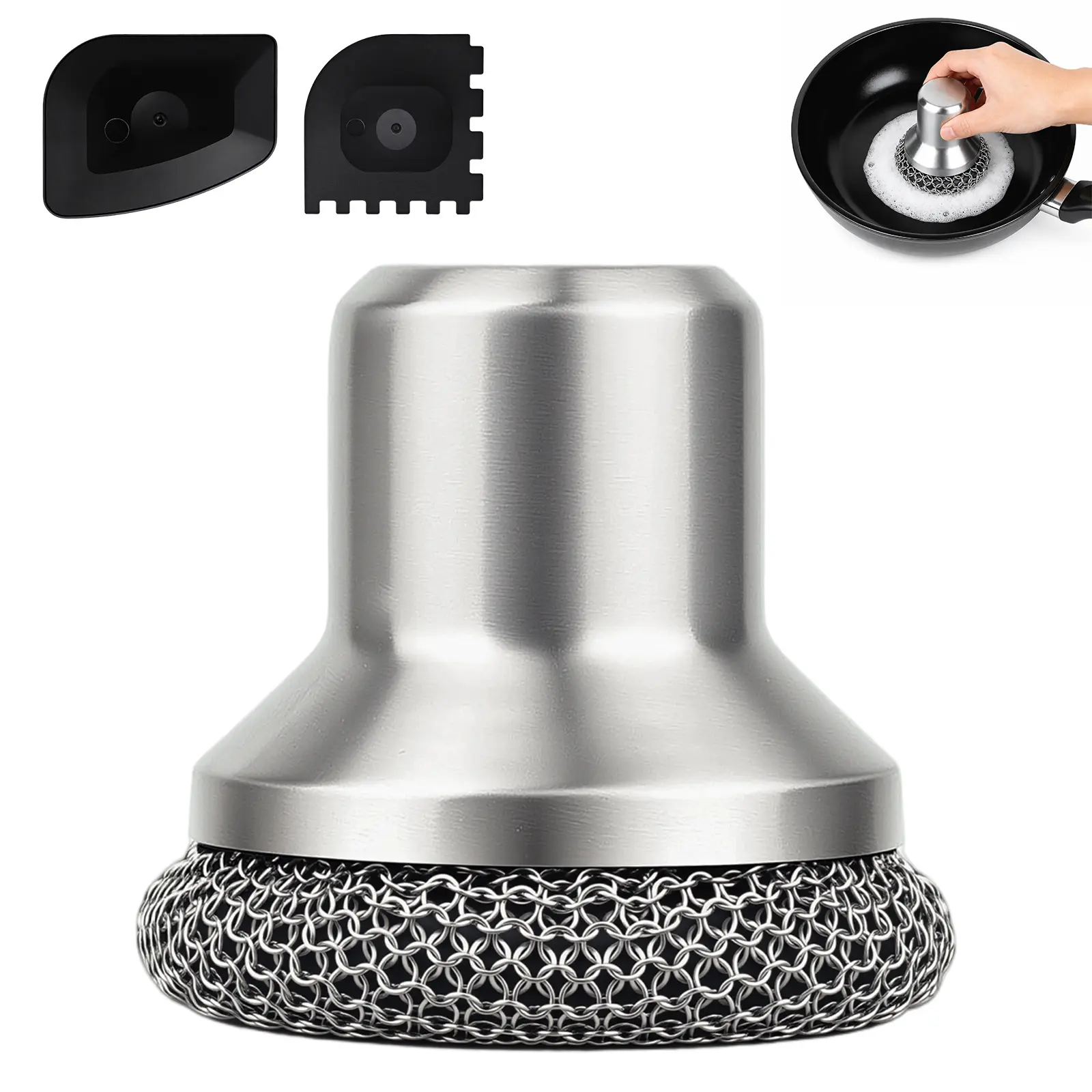 Stainless Steel Cast Iron Scrubber with 2 Pan Scrapers, 316 Chain Mail Scrubber Cast Iron Cleaning Kit, Metal Chainmail Scrubbing Sponge Scrub Brush to Clean Pan, Skillet, Grill, Dutch Oven, Wok(Small Chainmail)