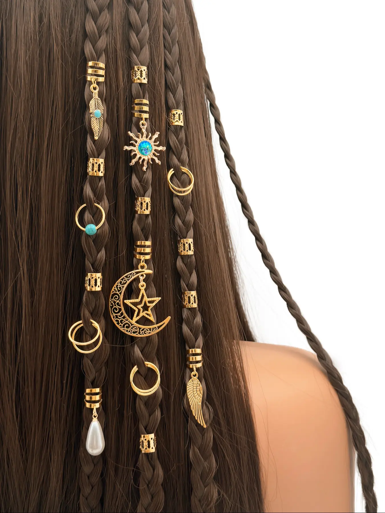46pcs Baroque Moon and Star Hair Jewelry Accessories, Boho Geometric Pattern Dreadlock Beads for Women and Girls, Ideal for Dance Parties, Music-Themed Events and Celebrations, Unique Accessories, Fall