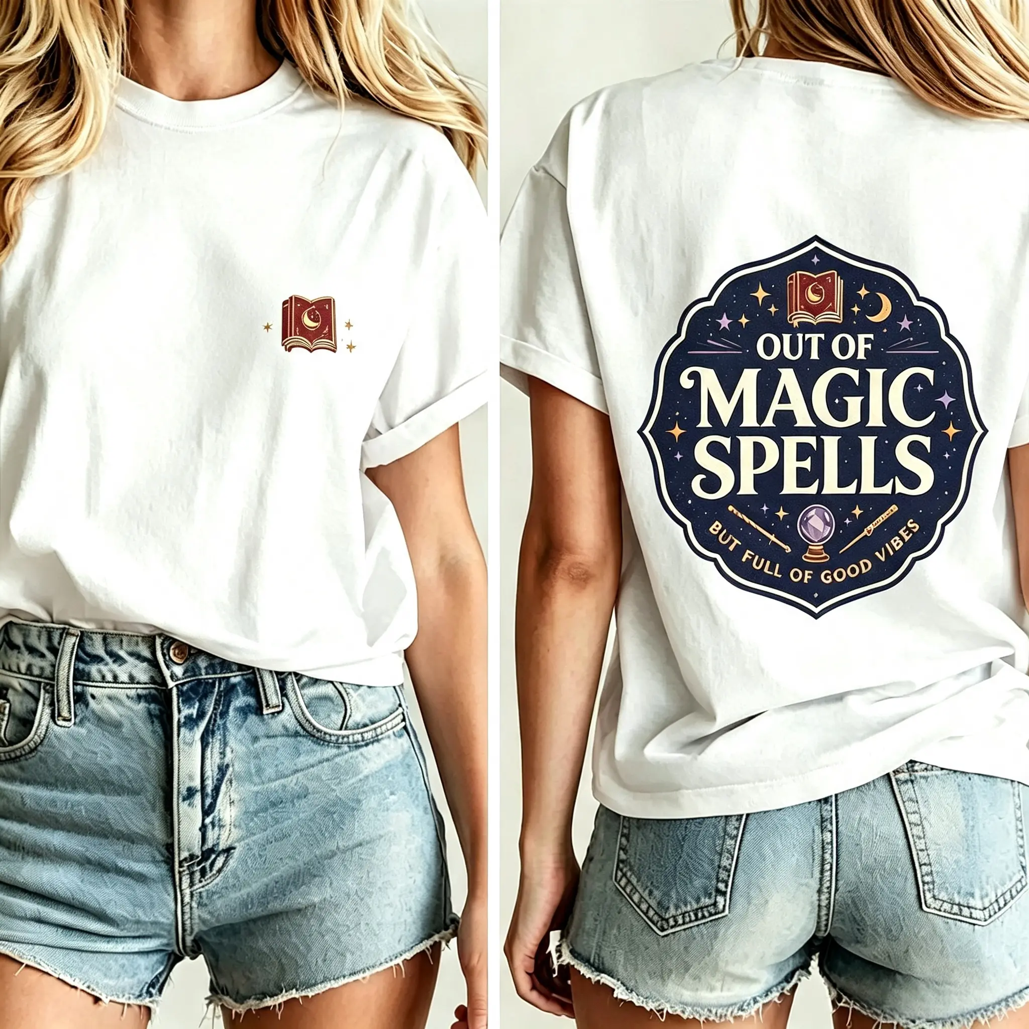 Men's Unisex Witchy Celestial Aesthetic Short-Sleeve T-Shirt - Double-Sided "Out of Magic Spells But Full of Good Vibes" Print, Cozy Comfort Fit, Loose Casual Top, Nice Holiday Gift Funny Graphic Shirt, Shortsleeve, Tshirt