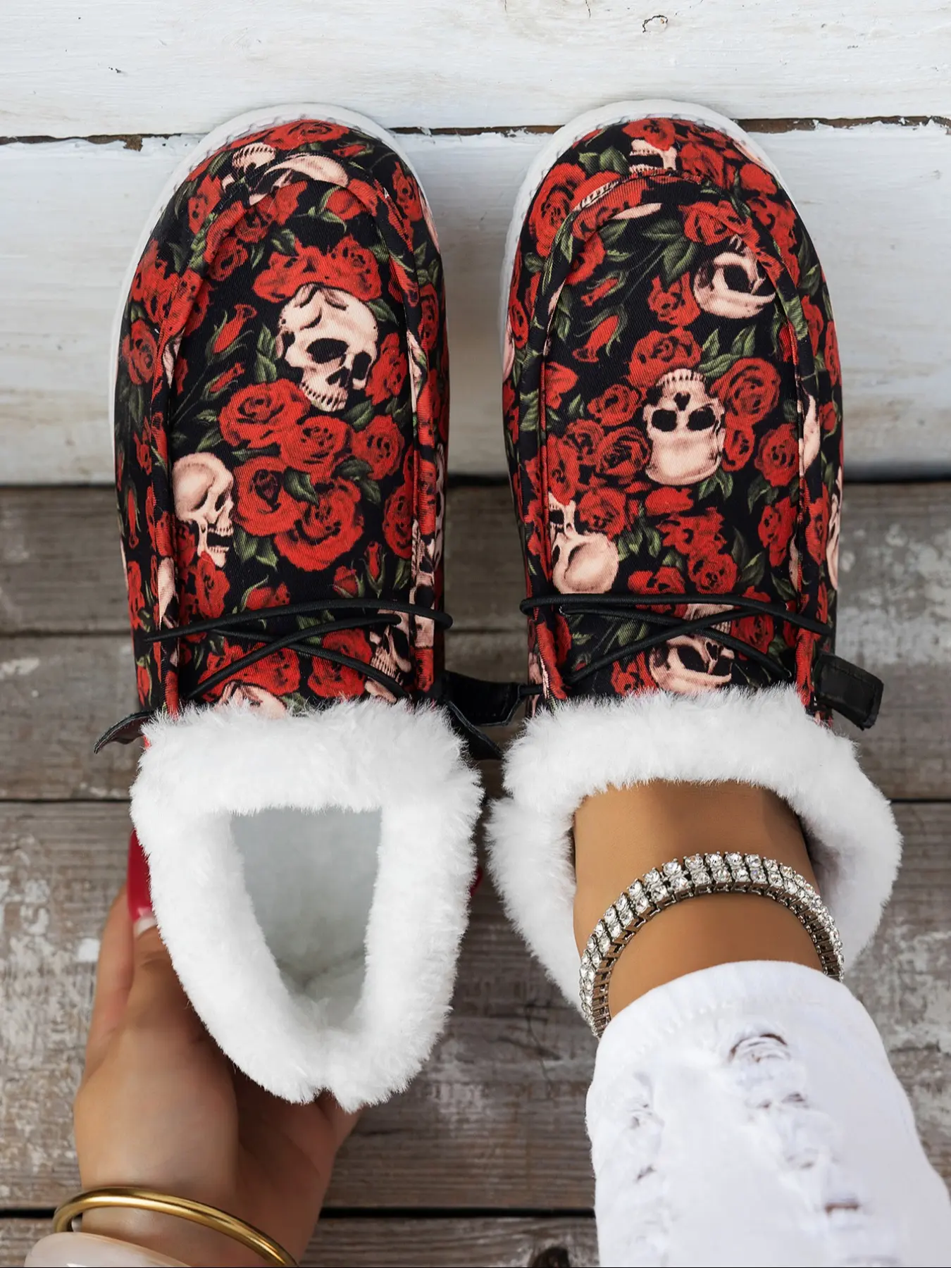 Women's Fall Winter Casual Fashionable Loafers, Rose Skull Tie-Dye Patchwork Lace-Up Flats Shoes, Round Toe Shape Medium Width, Warm Fleece Lining, Fashion Shoes