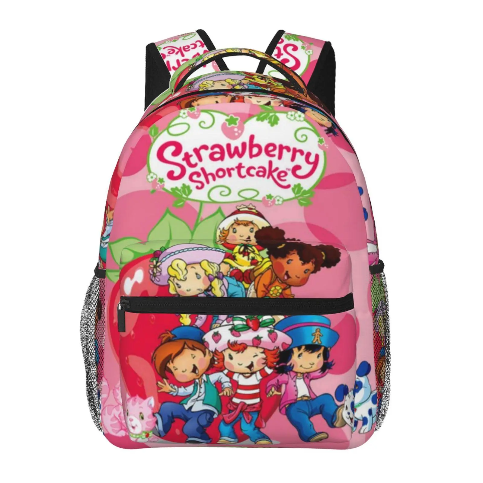Cute Strawberry Shortcake backpacks for school—large-capacity laptop daypacks with exquisite strawberry shortcake prints, durable casual bookbags for campus daily commutes; a gift for teen students.