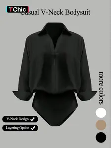 Women's casual loose V-neck long-sleeved shirt jumpsuit, elegant woven fabric, slim fit, suitable for all seasons, and can be layered flexibly.