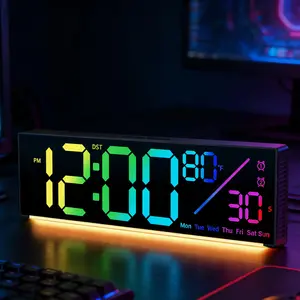 12" Digital Wall Clock - Digital Clock with 11 RGB Color-Changing Remote Control LED Night Light, Auto DST, Multicolor Display for Living Room, Bedroom Home Decor Office Use
