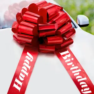 Large 23 in Giant Metallic Red Round Zoe Deco Pre-Assembled Polypropylene Happy Birthday Bow - Anniversary Party Gift, Gift Wrapping Supplies, Vehicle Accessory