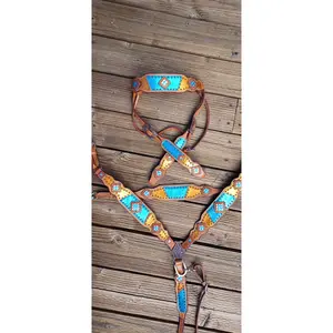 Teal and Orange Metallic Bling Horse Tack Bridle Set with Wither Strap