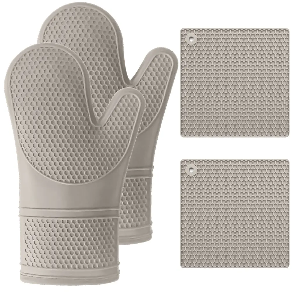 GORILLA GRIP BPA-Free Soft Silicone Oven Mitts and Pot Holders Sets of 4, Heat Resistant Waterproof Cooking Gloves, Thick Cotton Lining, Flexible Gripping for Baking Grilling, Kitchen Trivets