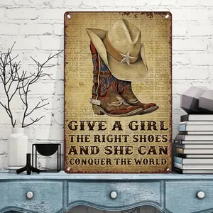 Vintage Rodeo Cowboy Boot and Hat Flat Print Art Sign Frameless Wall Decor for Home Bar and Cafe