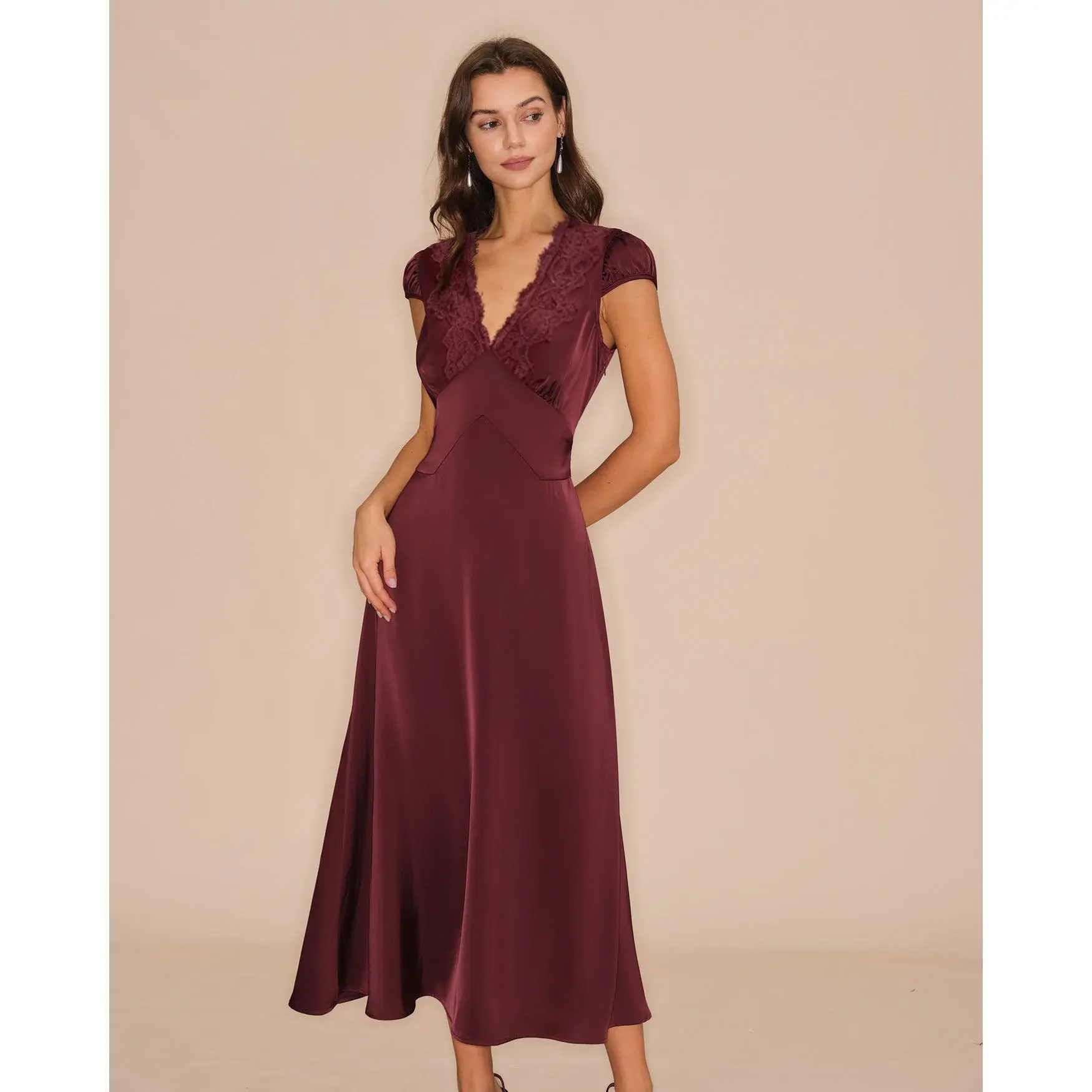 Wine Red V Neck Lace Maxi Dress