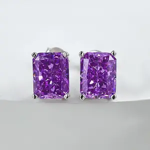S925 Sterling Silver Purple Rectangle Stud Earrings for Women, Sparkling Cubic Zirconia Hypoallergenic Minimalist Jewelry, Elegant Gift for Birthday Anniversary