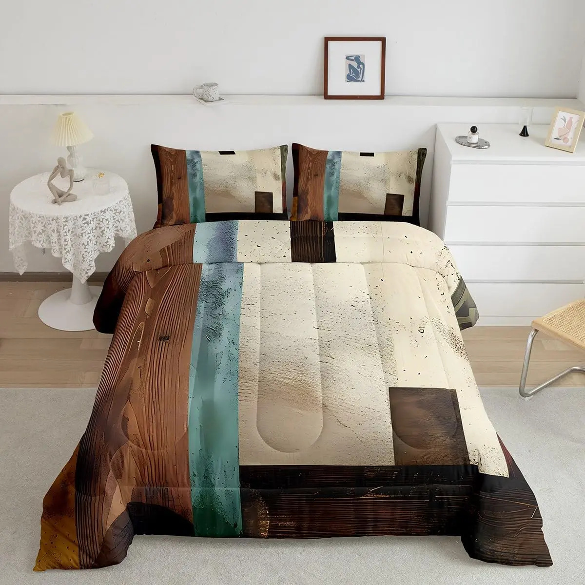 Vintage Abstract Circle Designer Comforter Set,Messy Rust Comforter,Grunge Art Luxury Bedding Set,Retro Brown White Duvet Set,Quilt Set