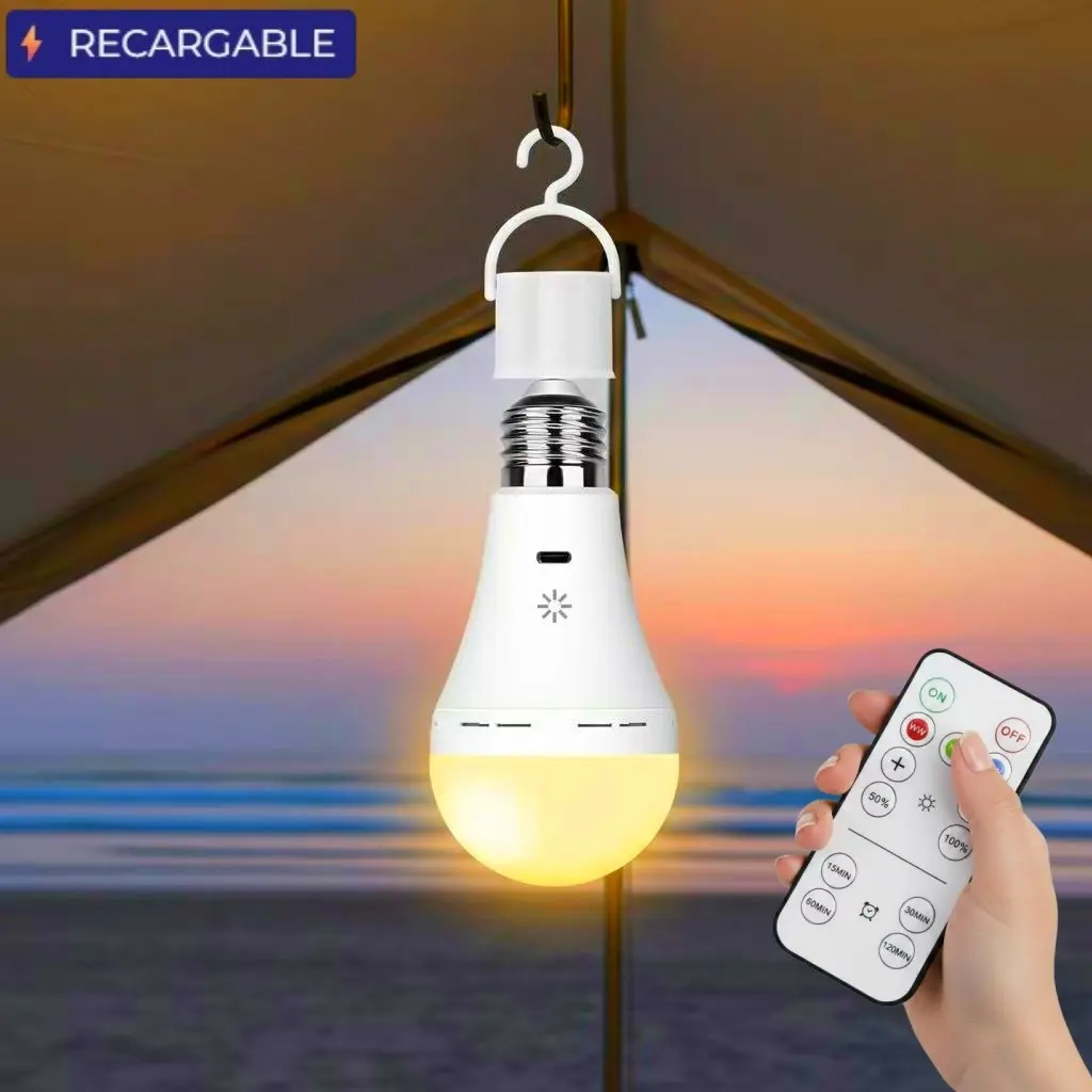 2600mAh USB C Rechargeable Bulb With Remote Control, 7W LED Bulbs Battery, E26/E27 Touch Dimmable Bulb, Dimmable Led Lighting, Outdoor Camping Backup Bulb With Hook, 3000K-6500K 1/2Pack, Adjustable Led Lights