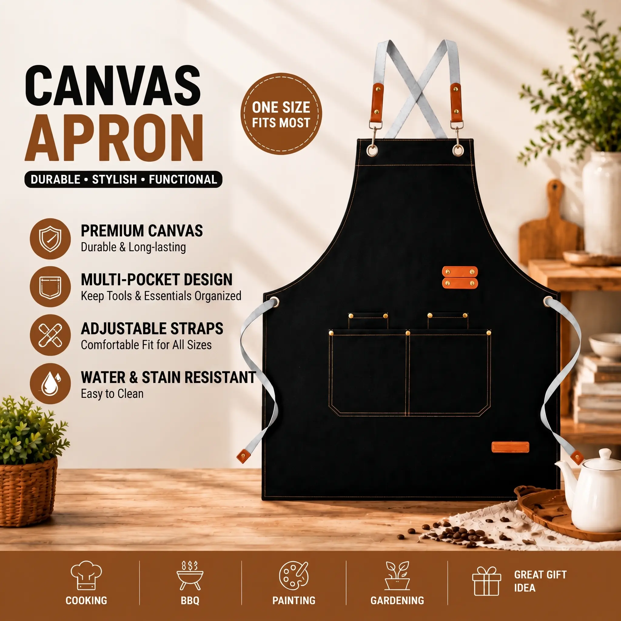 Adjustable Waterproof Chef Apron - Durable, Casual, All-Purpose Anti-Fluid Apron with Pockets for Men, Hanging Feature, Ideal for Kitchen, Garden Use (Black)