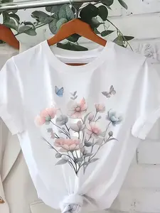 Women'S Watercolor Floral Butterfly Short Sleeve T-Shirt | Chic Crew Neck, Floral Gradient Print, Versatile Daily Commute Top