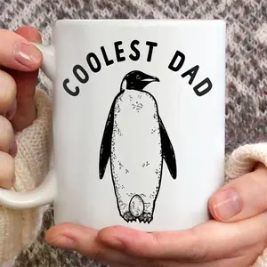 Penguin Coolest Dad Mug, Funny Fathers Day Gift, Sarcastic Chilly Penguin Graphic Novelty Cup, 11oz 15oz Funny Coffee Mugs Ceramic, Made in USA