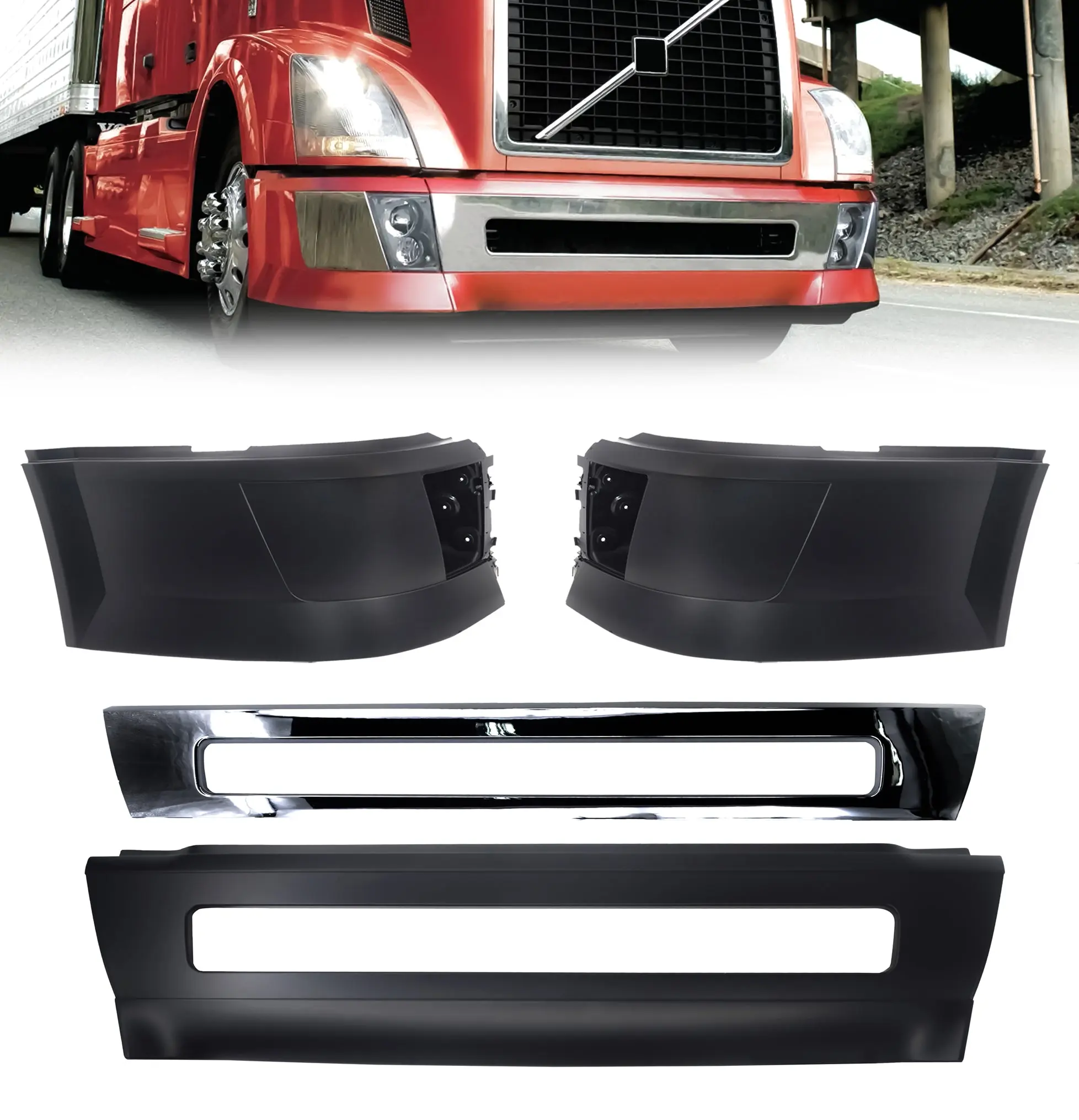 TORQUE Automotive Replacement Front Bumper Set (with Fog Light Holes) for 2004-2015 Volvo VNL Semi Trucks - Driver Left (LHD), Passenger Right (RHD), Center (TR004, TR011)