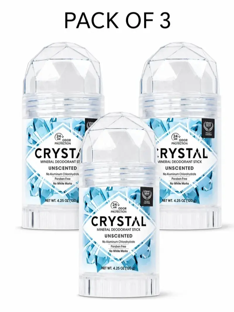 Crystal Mineral Deodorant Stick Unscented - 4.25oz each - No Aluminum, Paraben Free and No White Marks, 24hr Odor protection - Set of 3