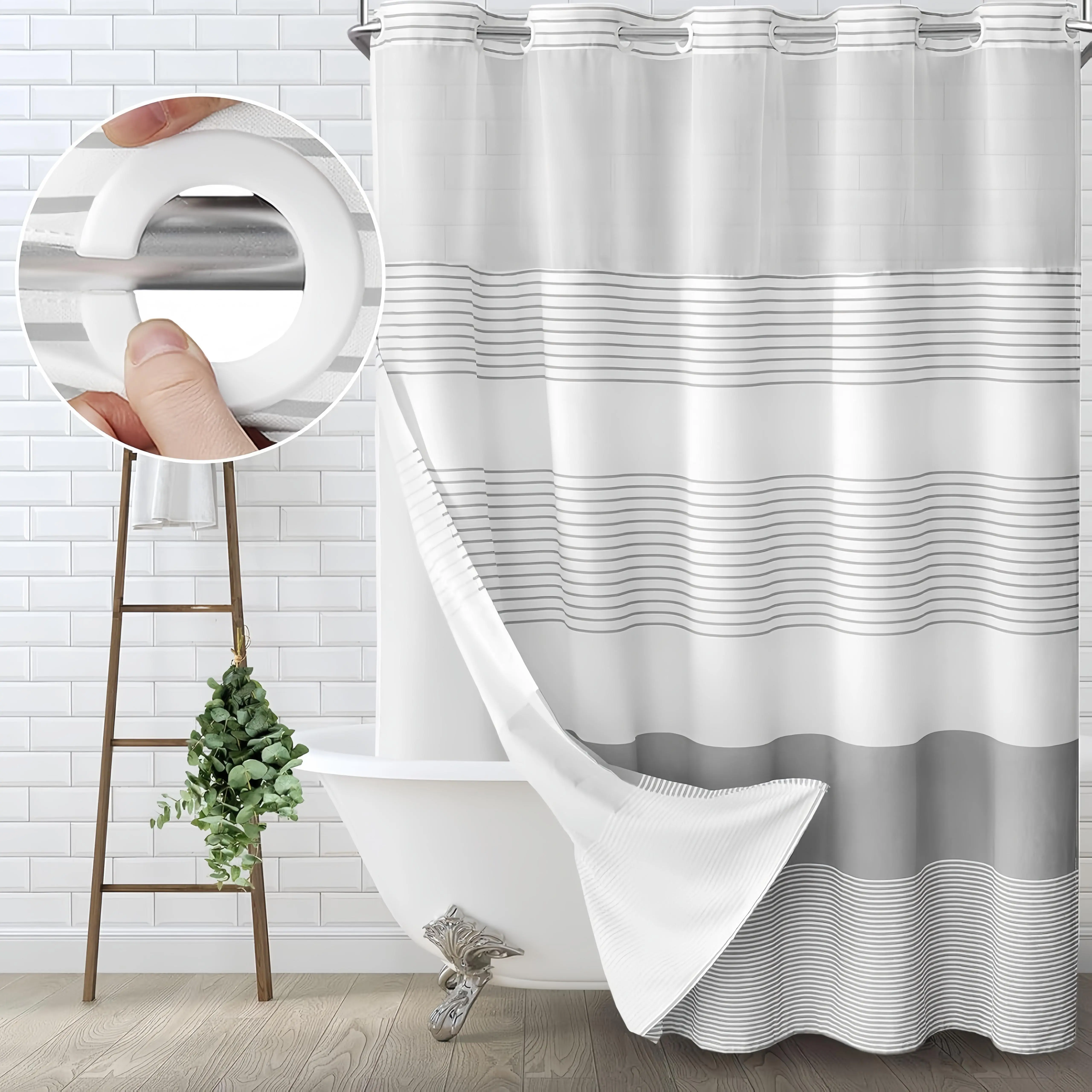 Grey Striped Hookless Shower Curtain with Removable Liner, Mesh Top Window, Waterproof & Washable, Easy Install, 72x75 Inch, for Home Hotel Salon