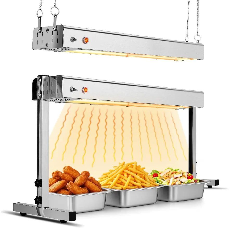 Commercial Food Warmer Stainless Steel Electric Buffet Heat Lamp with Hanging Chain and Standing Stand Dual Installation for Restaurant Catering Buffet Kitchen Food Service