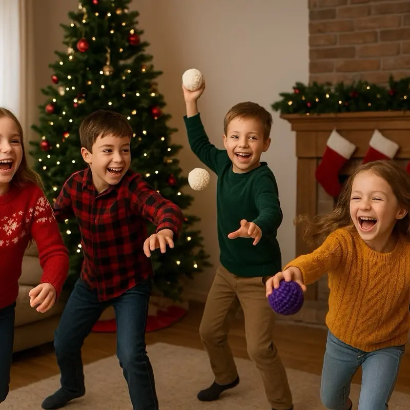 Indoor Snowballs for Fun Christmas Activities with Kids near Festive Tree and Decorations
