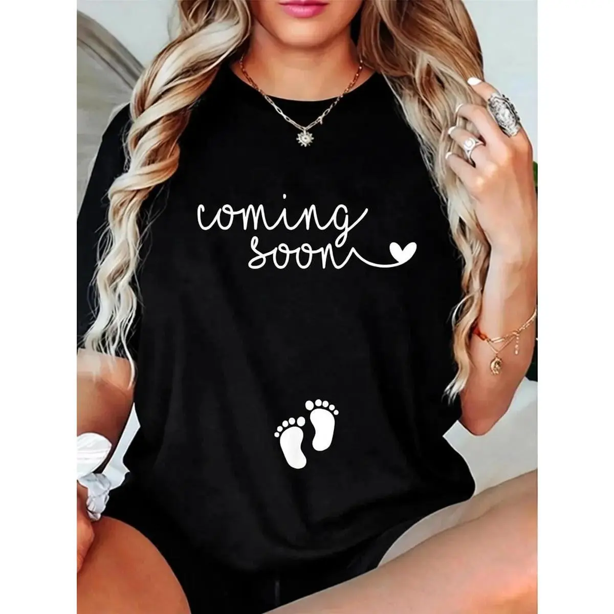 Solid Maternity T-Shirt for Women, Casual 100% Cotton Short-Sleeve Round-Neck Top, Breathable Pregnancy Wear for Summer, Maternity Wear, Check Size Guide