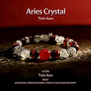 Twin Aura Aries Zodiac Crystal Bracelet for Confidence, Energy & Motivation Strawberry Quartz