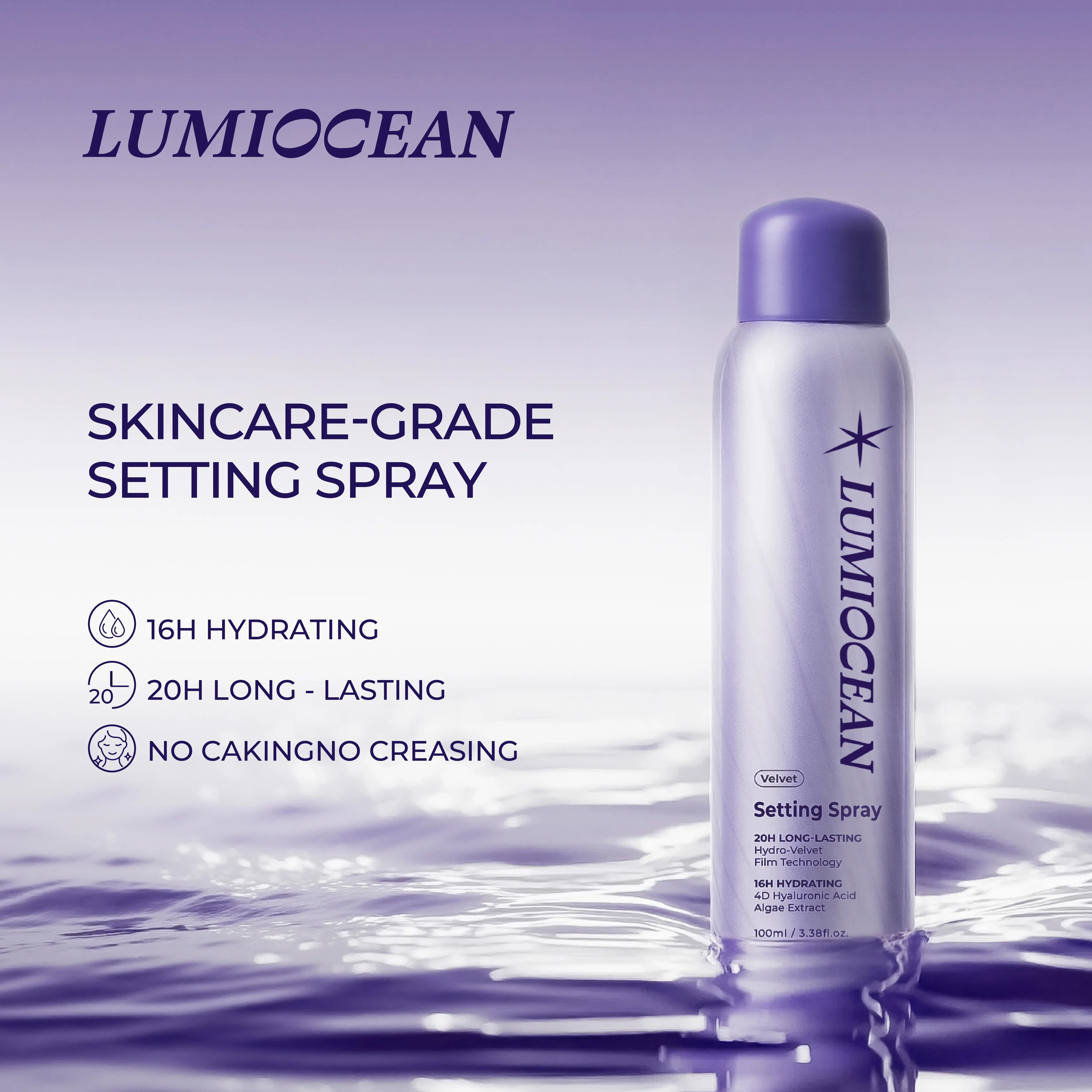 LUMIOCEAN Makeup Setting Spray with 4D Hyaluronic Acid, 20-Hour Long-Lasting Wear & 16-Hour Hydration, Lightweight Aerosol Moisturizer, 3.38 fl.oz, Cosmetic, Spray-Based Makeup Fixing Spray