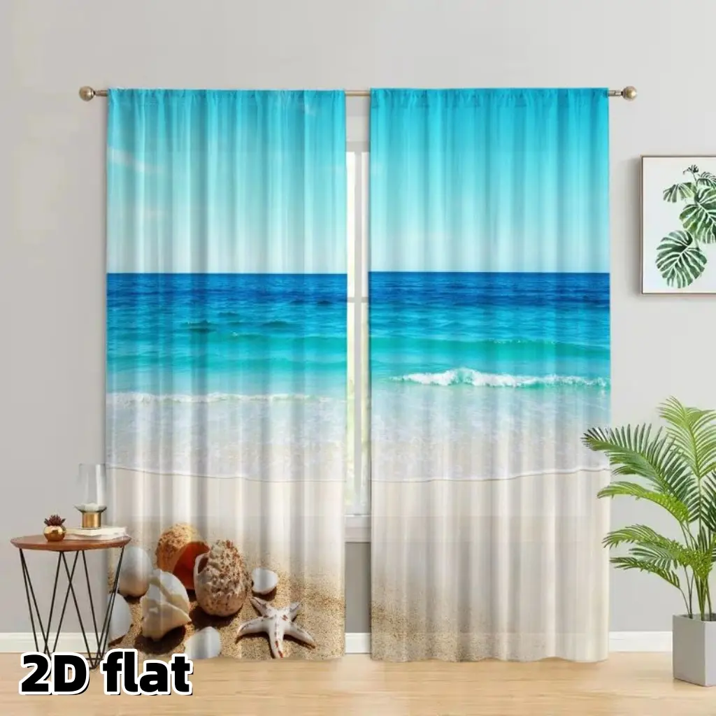 2D Flat 2Pcs Ocean Beach Scenery Curtains, Tropical Sea Wave Seashell Starfish Print, Rod Pocket Design, Semi Sheer Polyester, Coastal Theme Window Treatment for Living Room Bedroom Bathroom Kitchen, Summer Nautical Home Decor, Easy Care