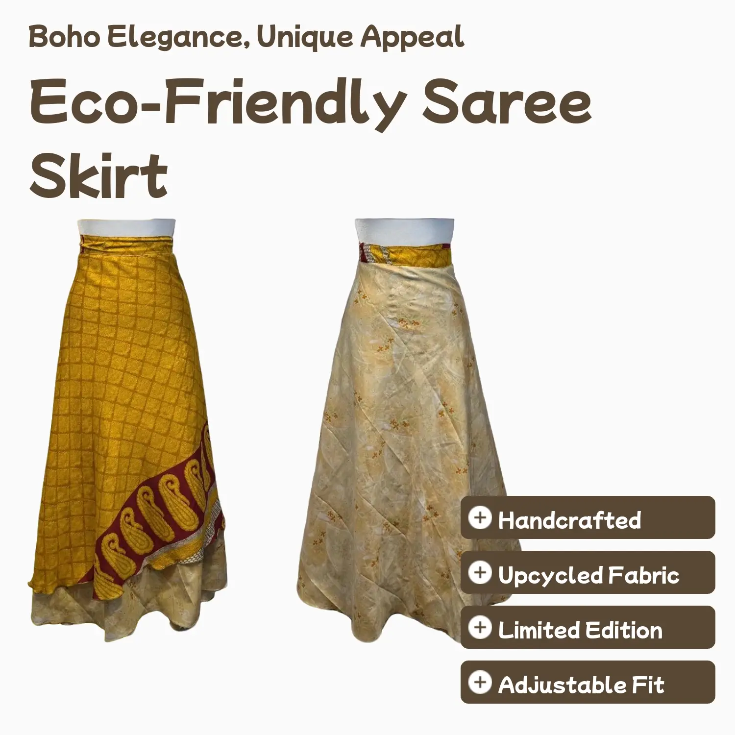 Plus Size Ankle Saree Wrap Skirt - Fitted Maxi Boho Style High Waist Eco-conscious Fashion All Seasons Adjustable Flattering Fit