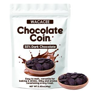 WACACEE selected cocoa ingredients: 35% dark chocolate coins—mildly sweet with low bitterness, silky texture upon biting; suitable for home and office snacks and baking; also usable as decorative chocolate coins.