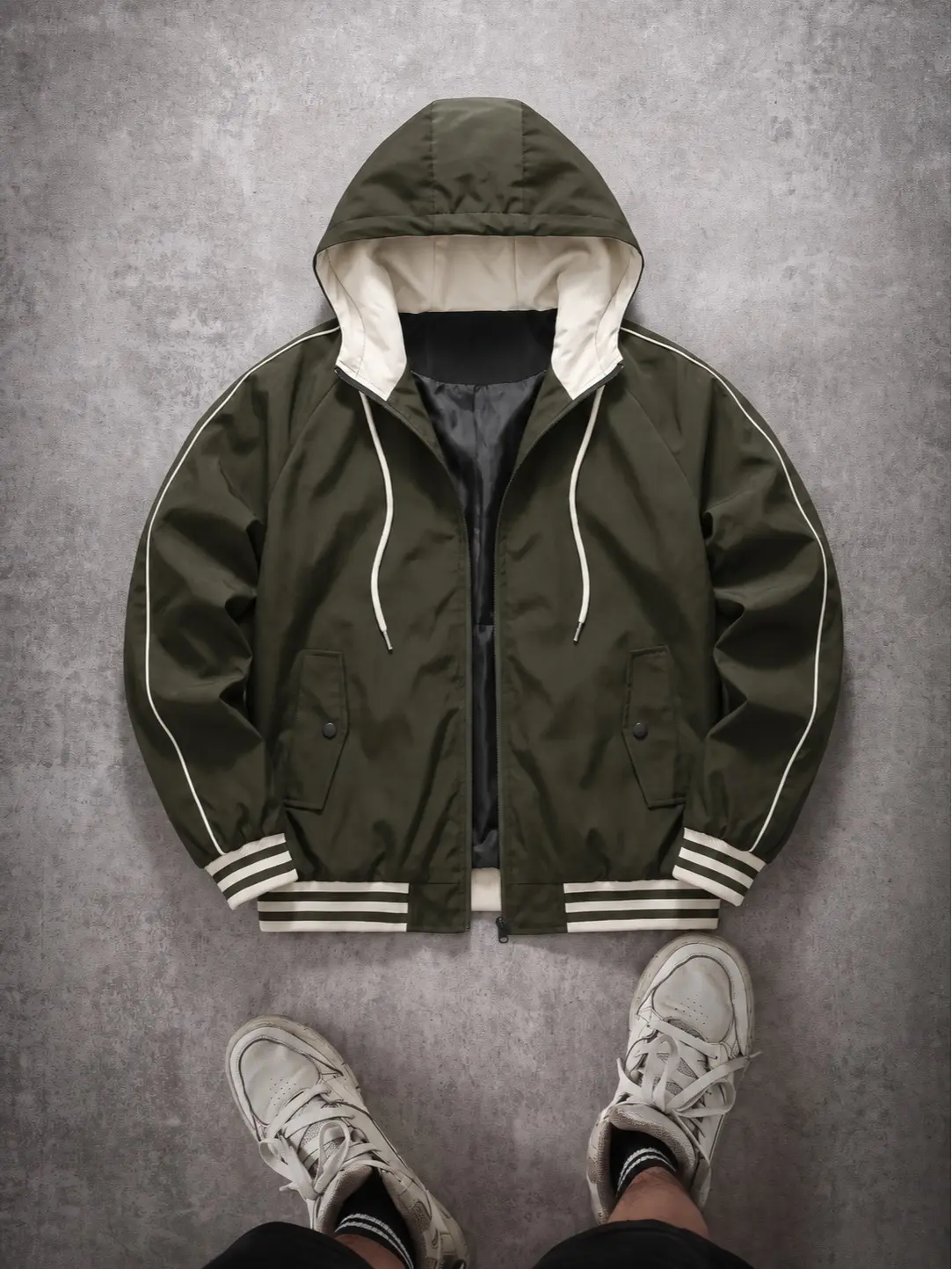 Multi-scenario Hooded Baseball Windbreaker, vintage varsity ribbed striped trim and neat sleeve linear details, lightweight easy-care woven fabric, low-key preppy design for daily walks, casual sports and seasonal windproof layering